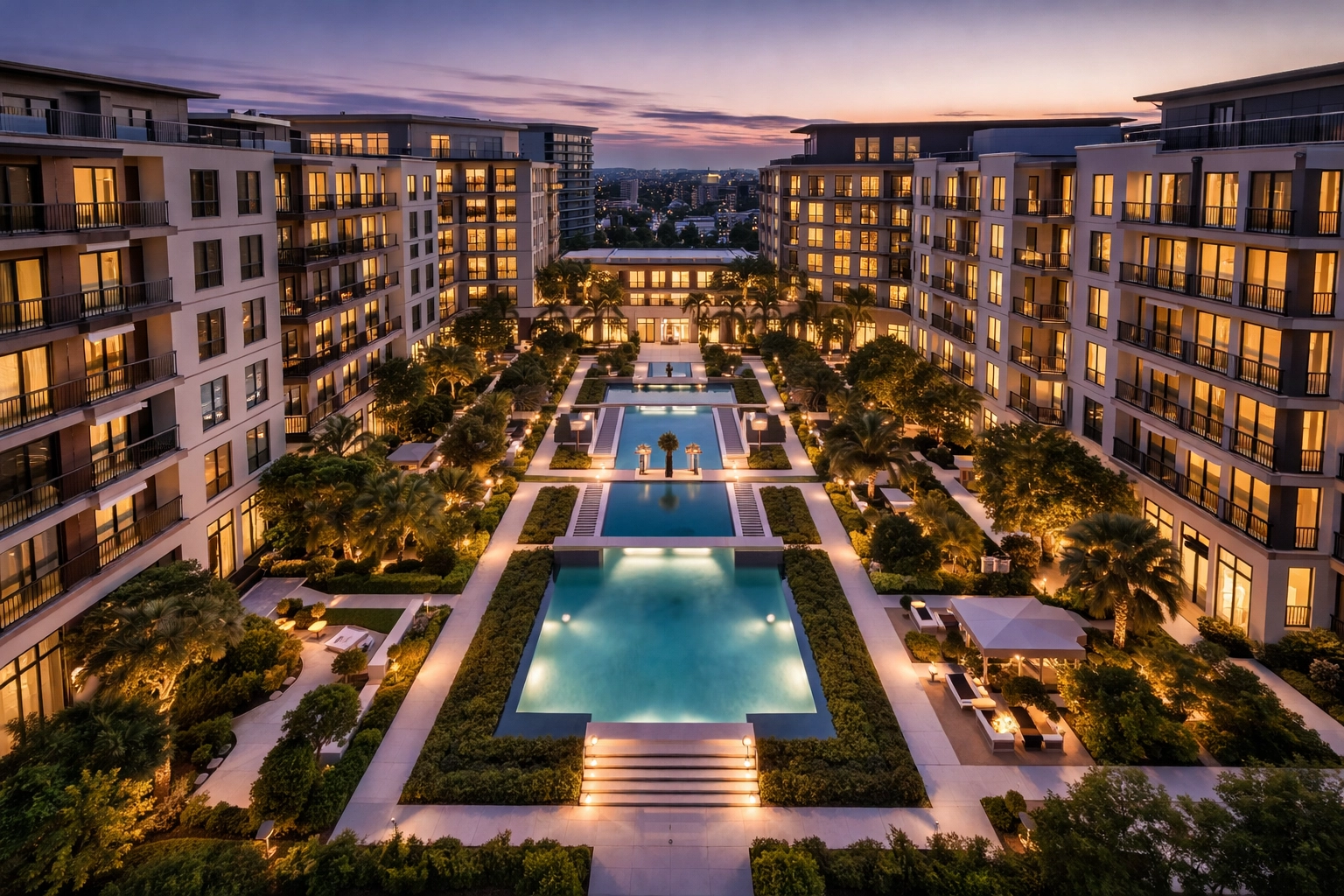 Luxury real estate complex with manicured gardens and modern buildings showcasing institutional investment potential.