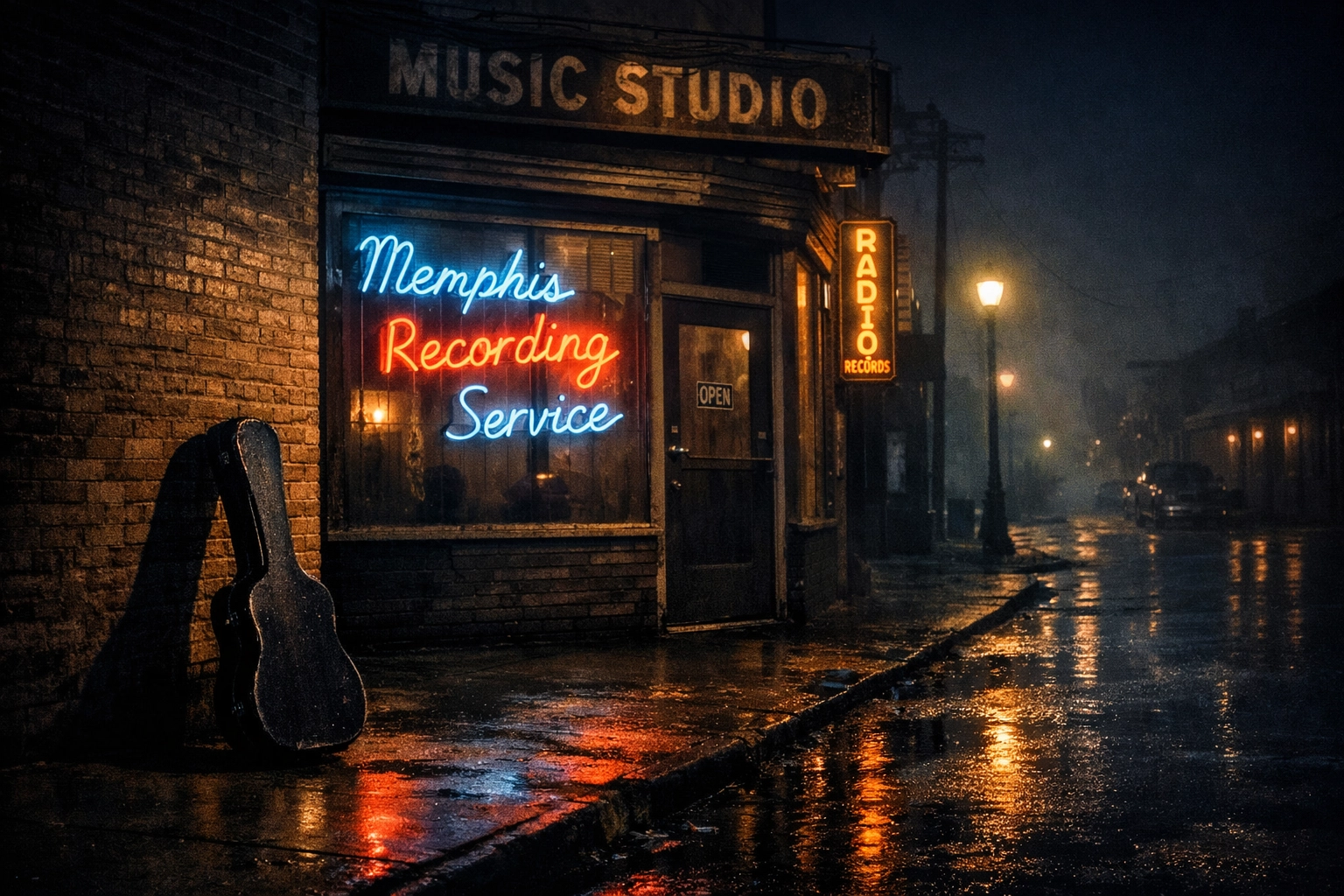 Atmospheric night view of the Sun Records storefront in Memphis, Tennessee, where Elvis Presley began his career.