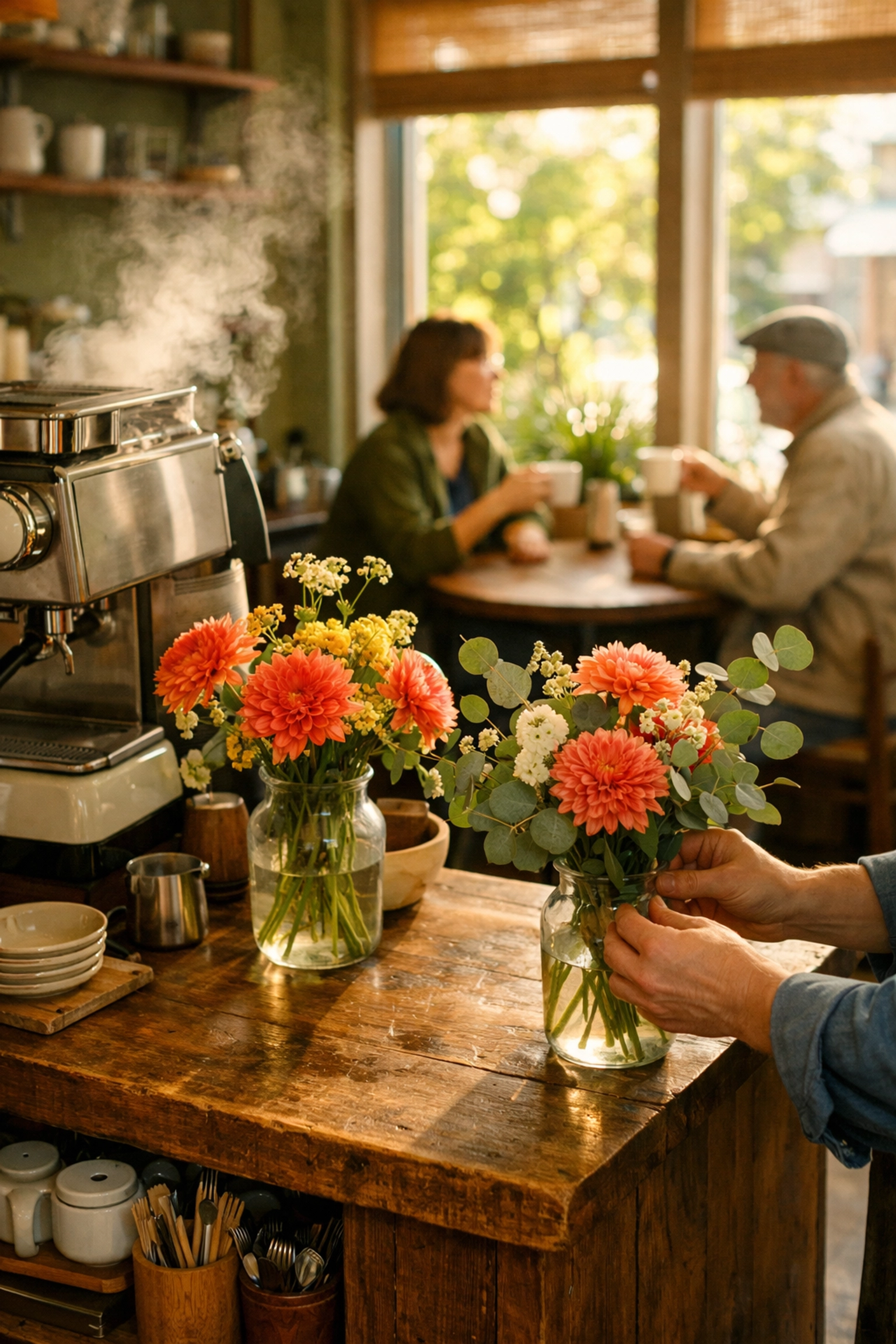 Hybrid cafe and flower shop interior with customers gathering in community space