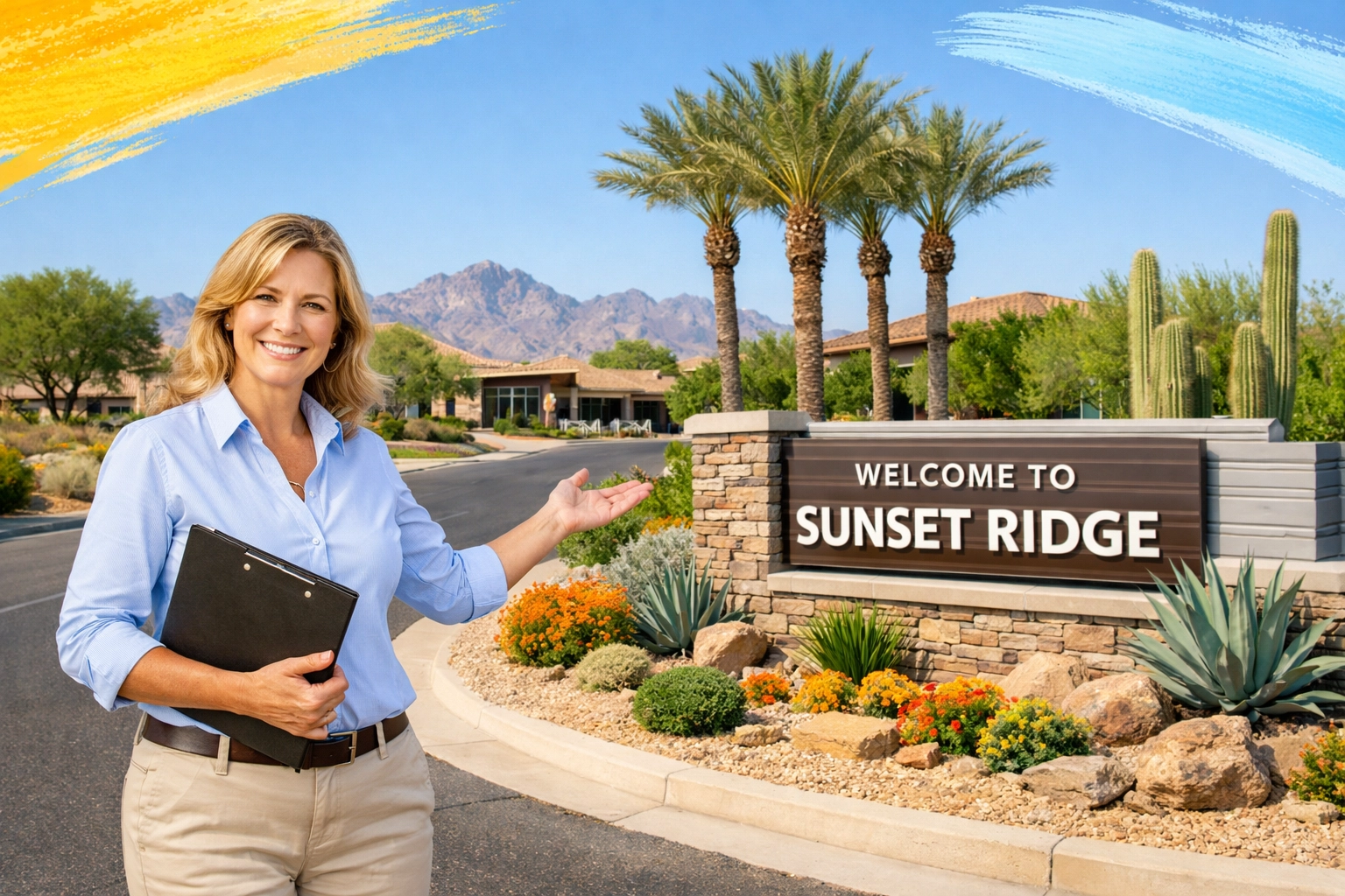Real estate agent welcoming downsizers to West Valley Arizona 55+ community entrance