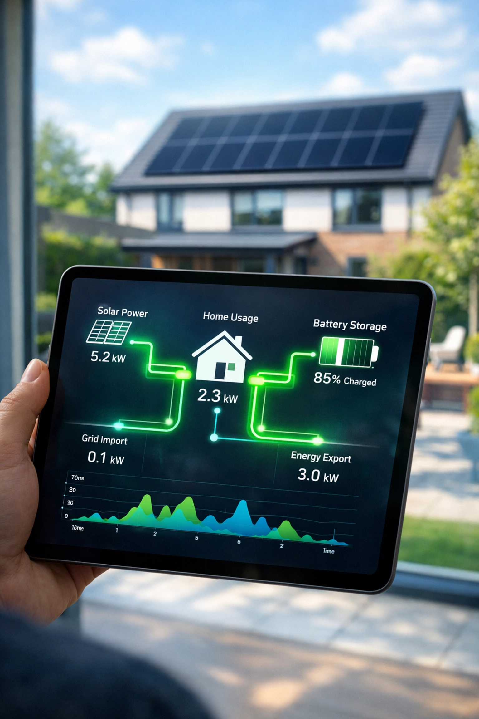 A solar energy monitoring app on a tablet showing real-time performance of a home solar panel system.