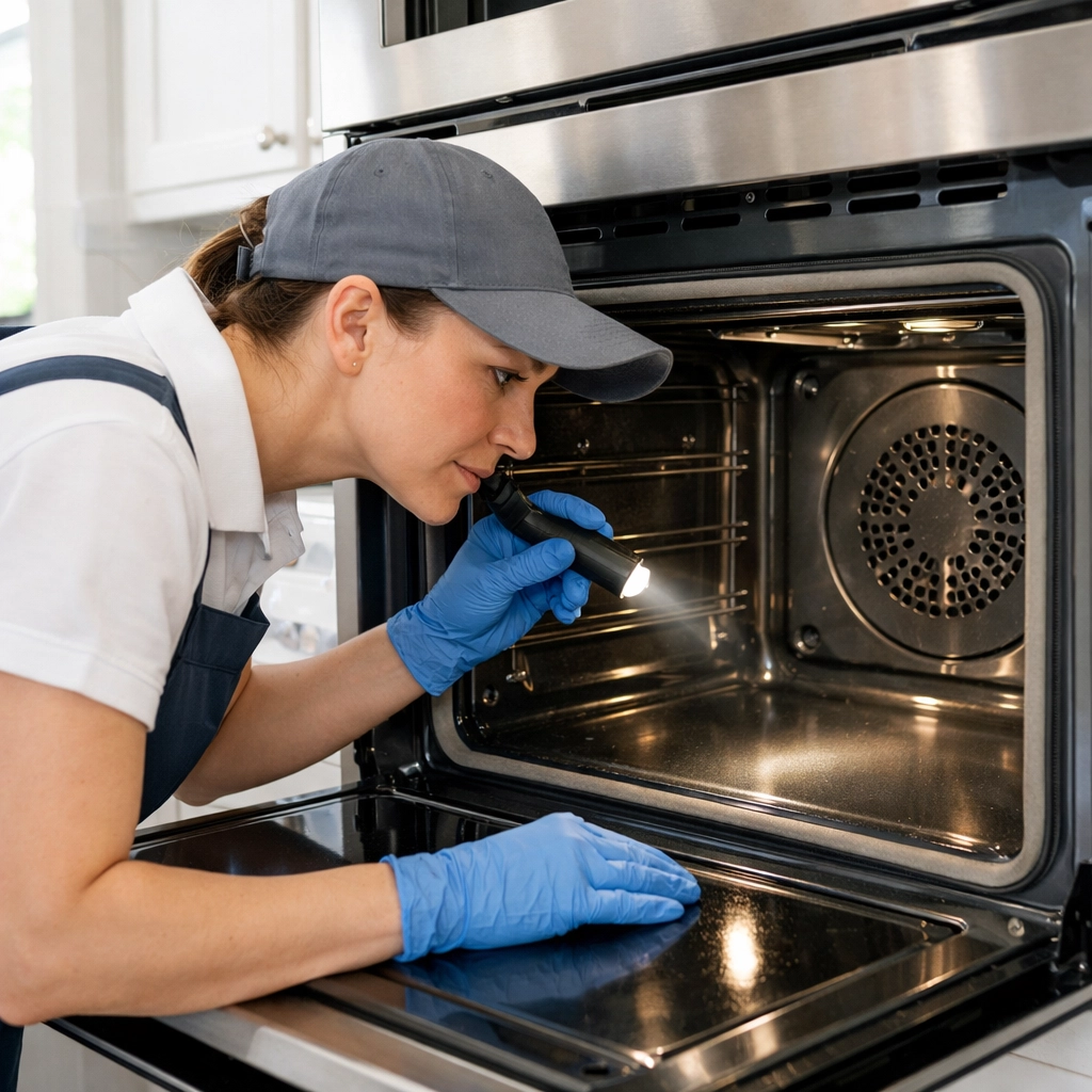 Professional cleaner inspecting a kitchen oven during a detailed apartment turnover deep clean.