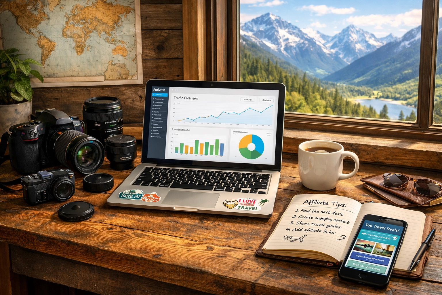 Travel blogger workspace with laptop, camera gear, and affiliate marketing tools