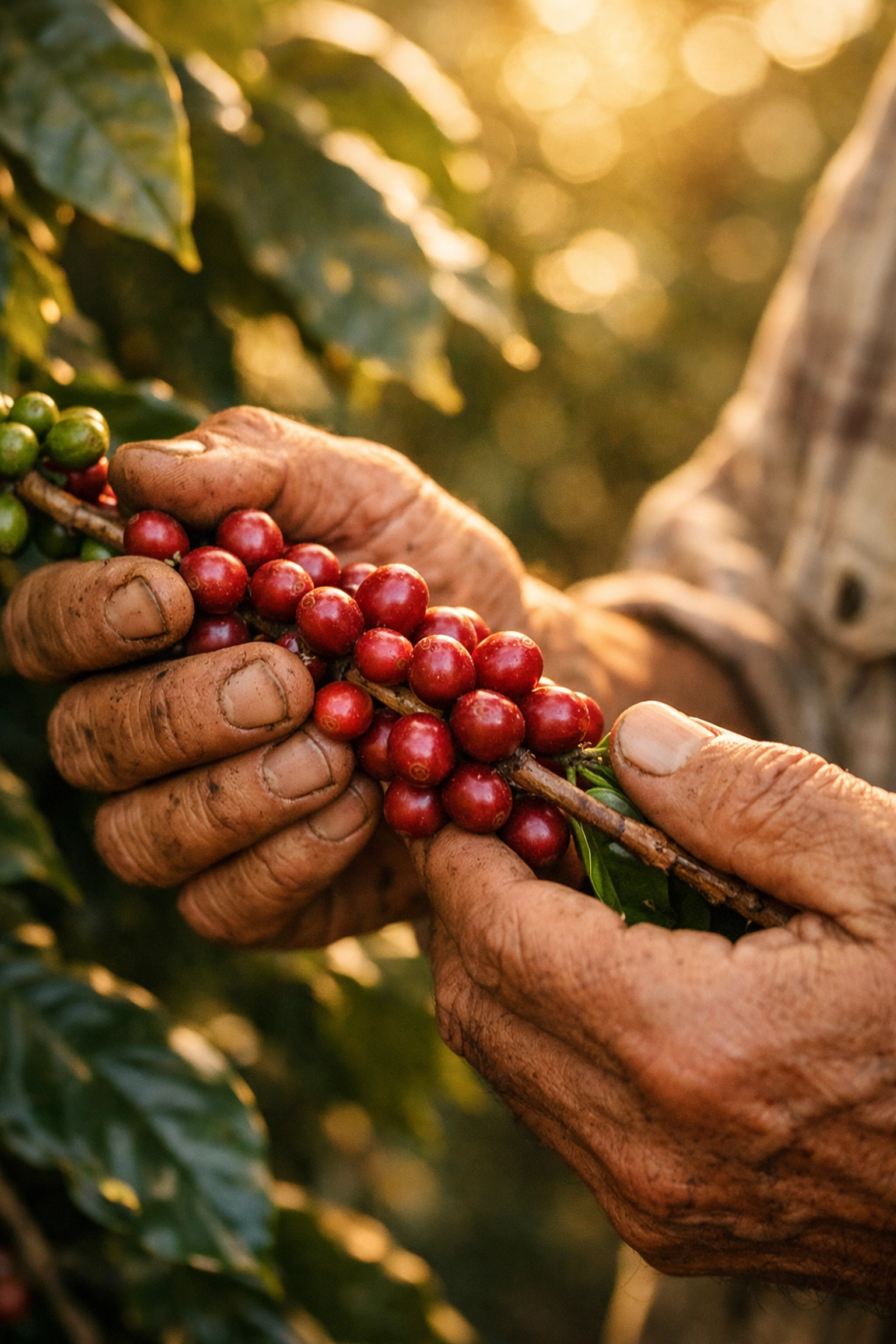 Coffee farmer harvesting ripe red coffee cherries affected by climate change in 2026