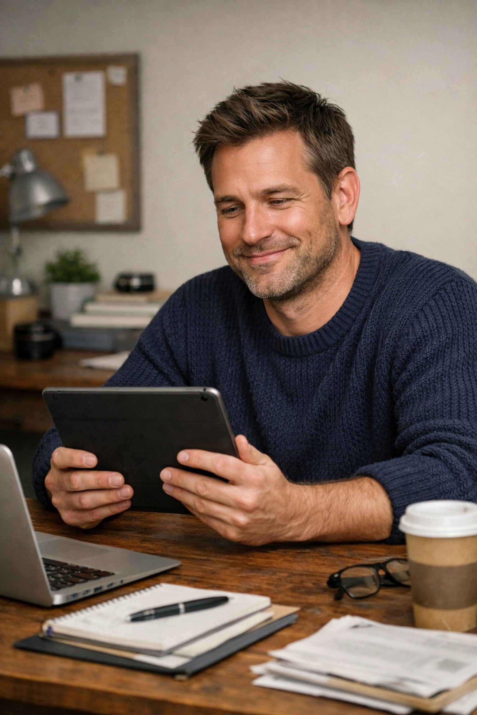 Satisfied customer using a tablet, illustrating post-purchase success and marketing psychology results.