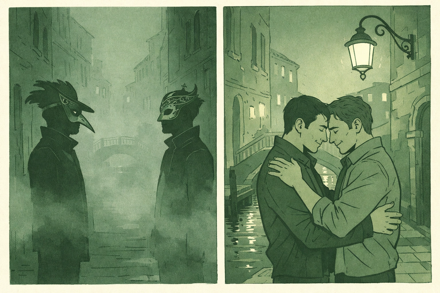 MM romance journey from masked strangers to unmasked embrace in Venice - gay love story visual
