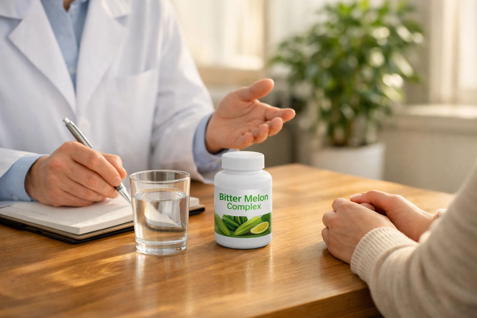 Consulting a healthcare professional about the safe use of bitter melon complex and dietary supplements.
