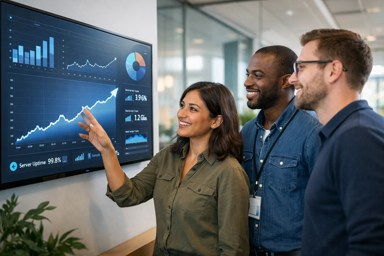 Diverse IT team reviewing ServiceNow ROI performance charts and data visualizations in a modern office.