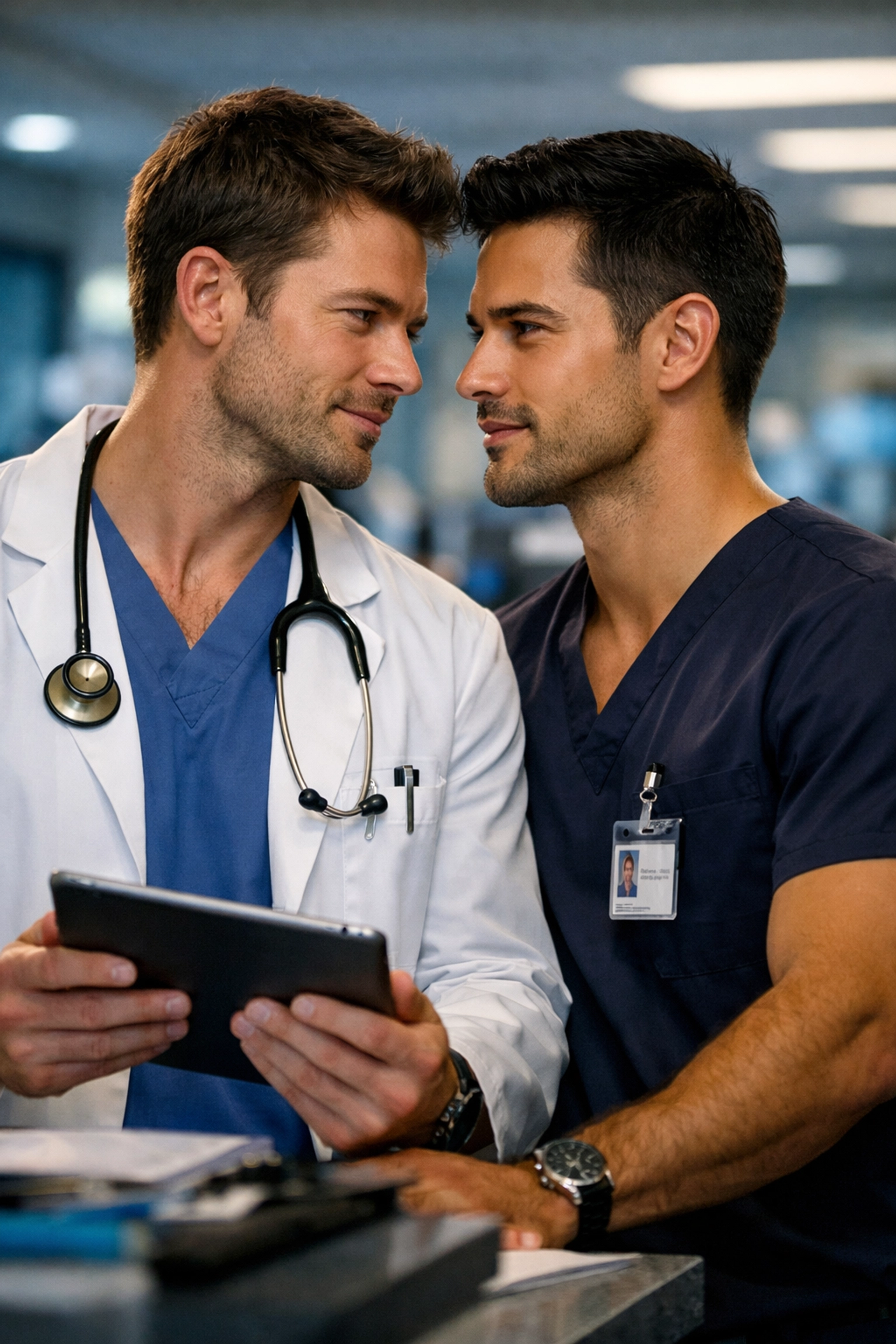 Surgeon and nurse sharing an intense, romantic moment in a hospital-themed gay love story.