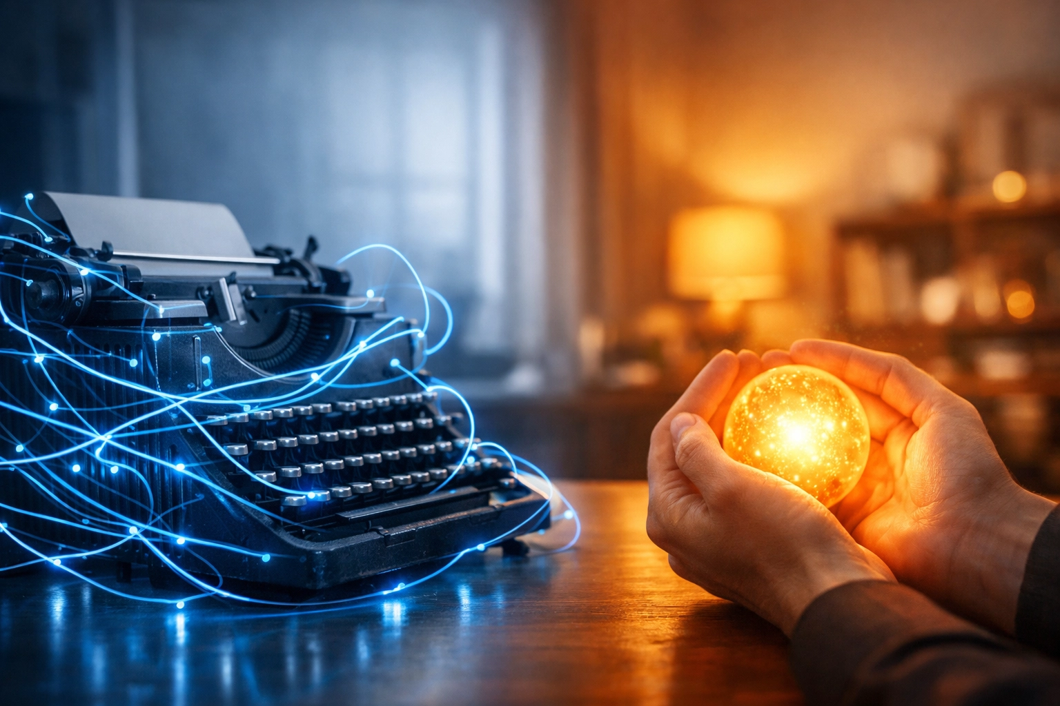 Hands holding a glowing orb representing the human touch in sales versus automated tasks.