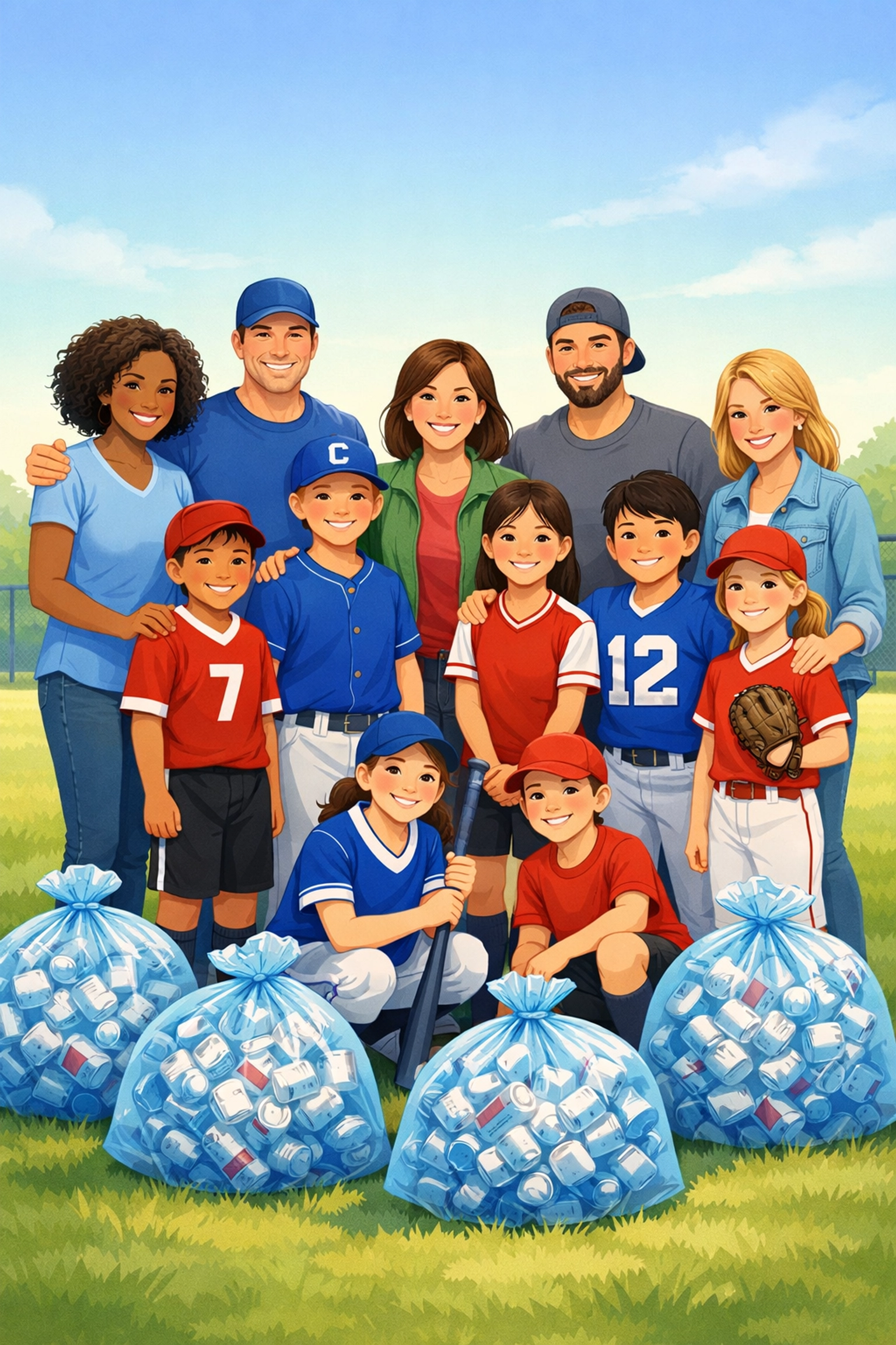 Sports team families with bags of aluminum cans for zero-cost recycling fundraiser