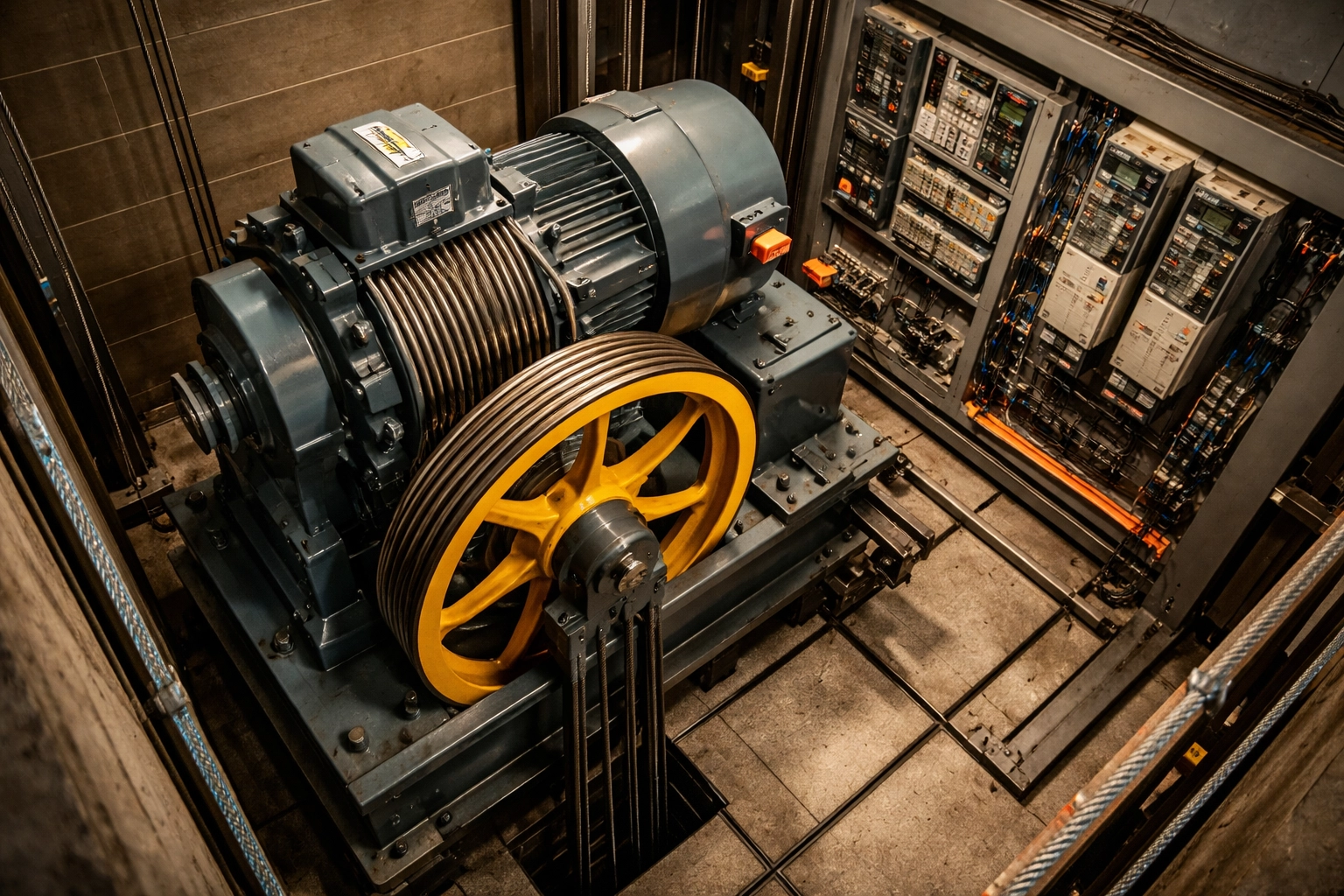 Overhead view of an organized elevator machine room showing motor, cables, and components during inspection