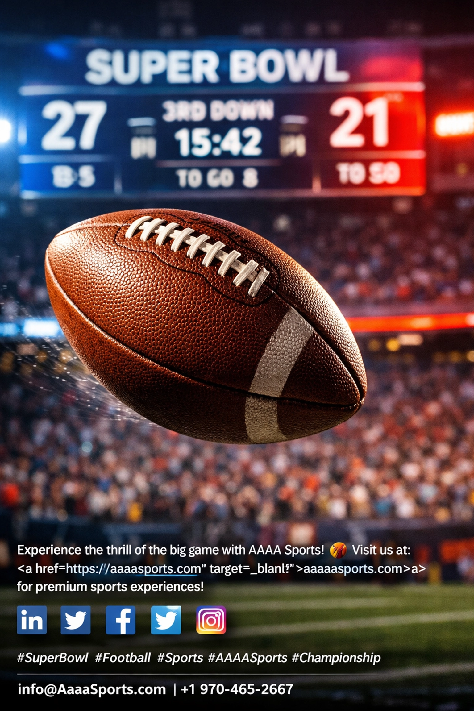 Football in flight at Super Bowl with stadium scoreboard showing performance metrics and statistics