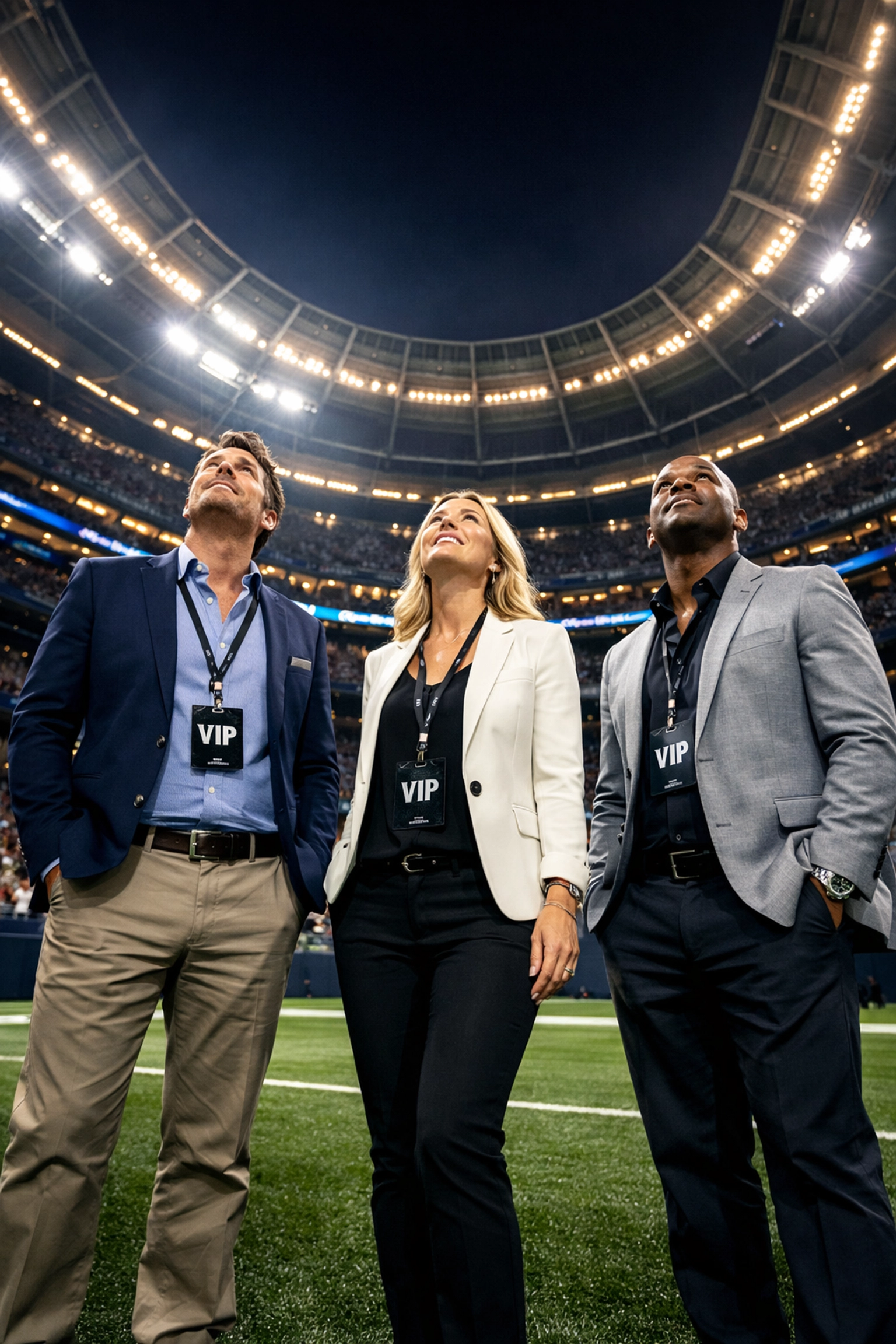 VIP corporate guests experiencing exclusive on-field access during a Super Bowl stadium tour.