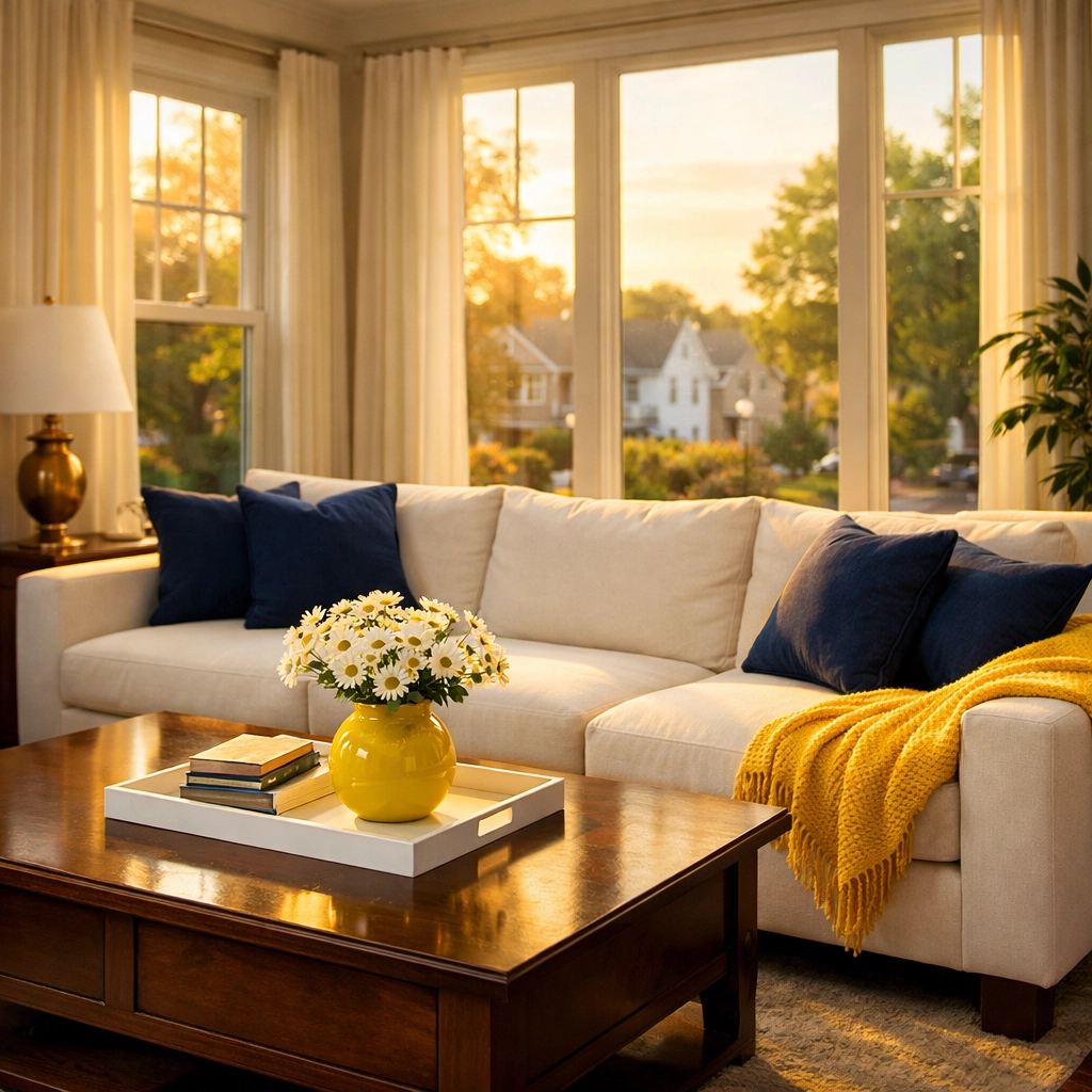 Sun-drenched Worcester living room with a clean white sofa after weekly house cleaning maintenance.
