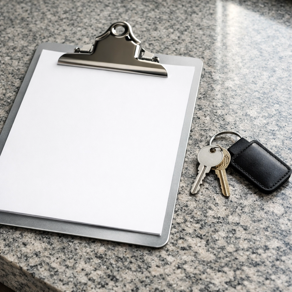 Professional move-out cleaning checklist on a clipboard next to apartment keys on a granite countertop.