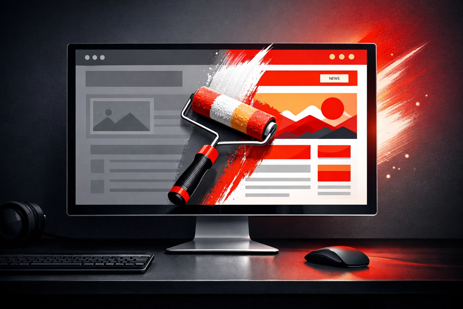 Digital illustration of a website redesign showing a paint roller updating a site's layout.
