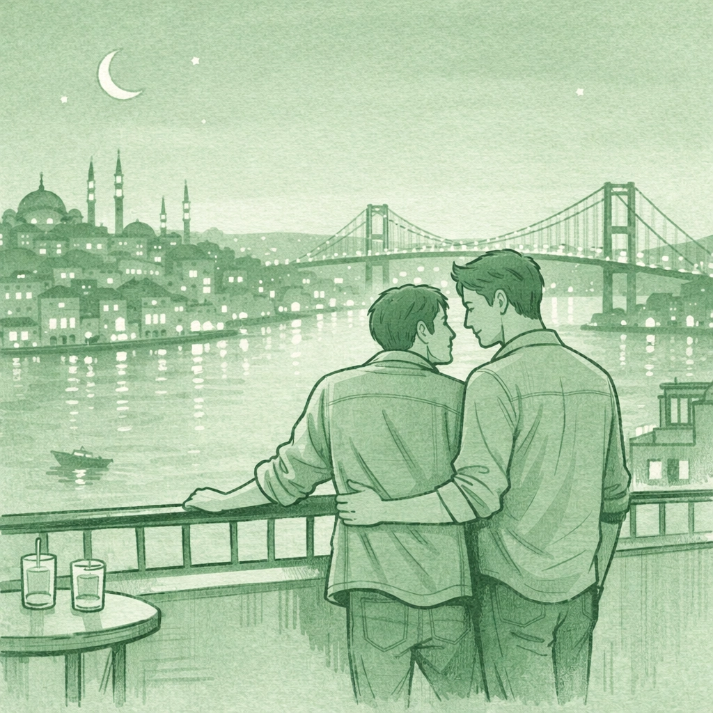 Two men on Karaköy rooftop terrace overlooking Bosphorus Bridge at night - gay romance Istanbul