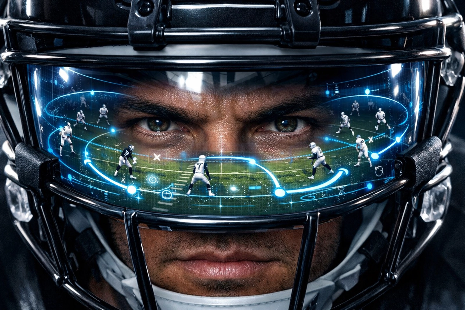 Quarterback analyzing defensive coverage through a digital HUD overlay for better pre-snap reads.