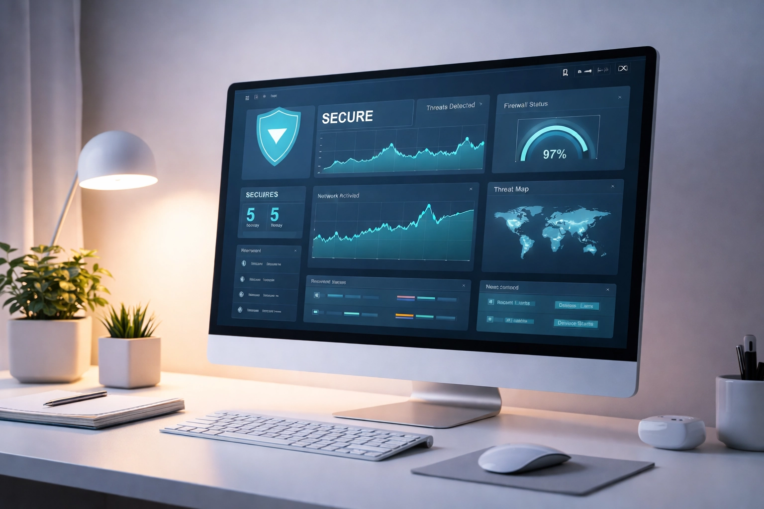 Computer monitor displaying security monitoring dashboards for 24/7 accounting firm IT support