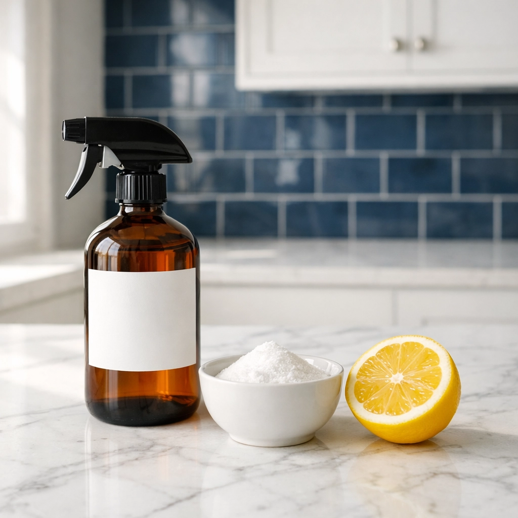 Eco-friendly residential cleaning secrets using natural ingredients on a marble countertop in a modern Easton kitchen.