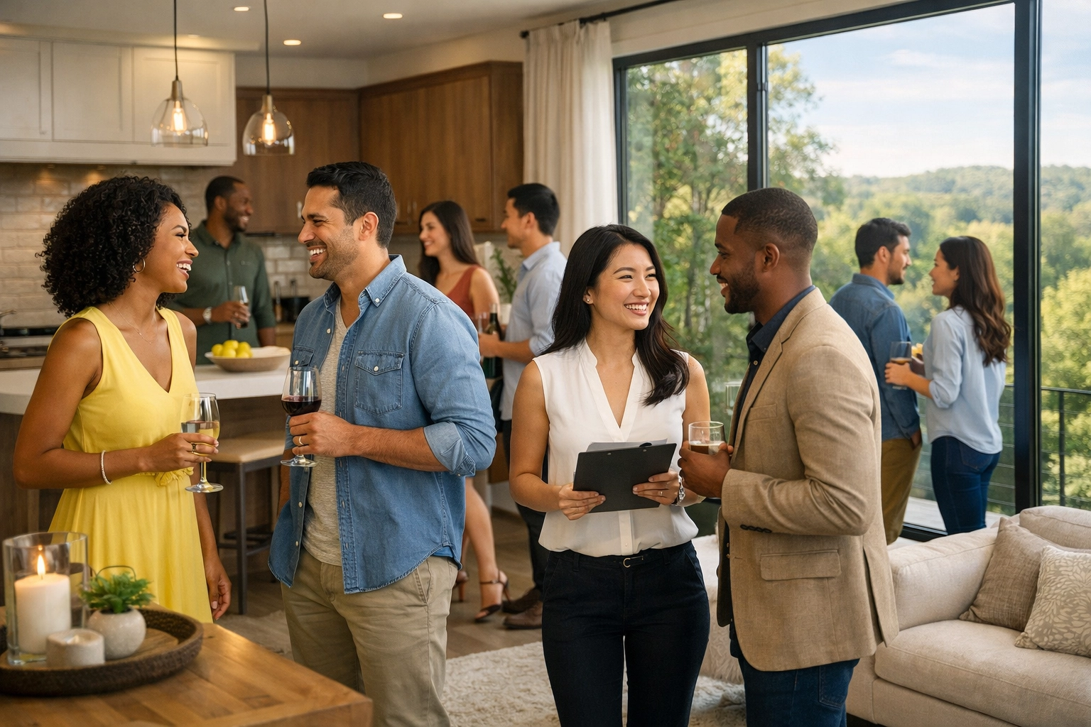 Diverse group of potential buyers attending a busy open house in a modern Raleigh, NC neighborhood.