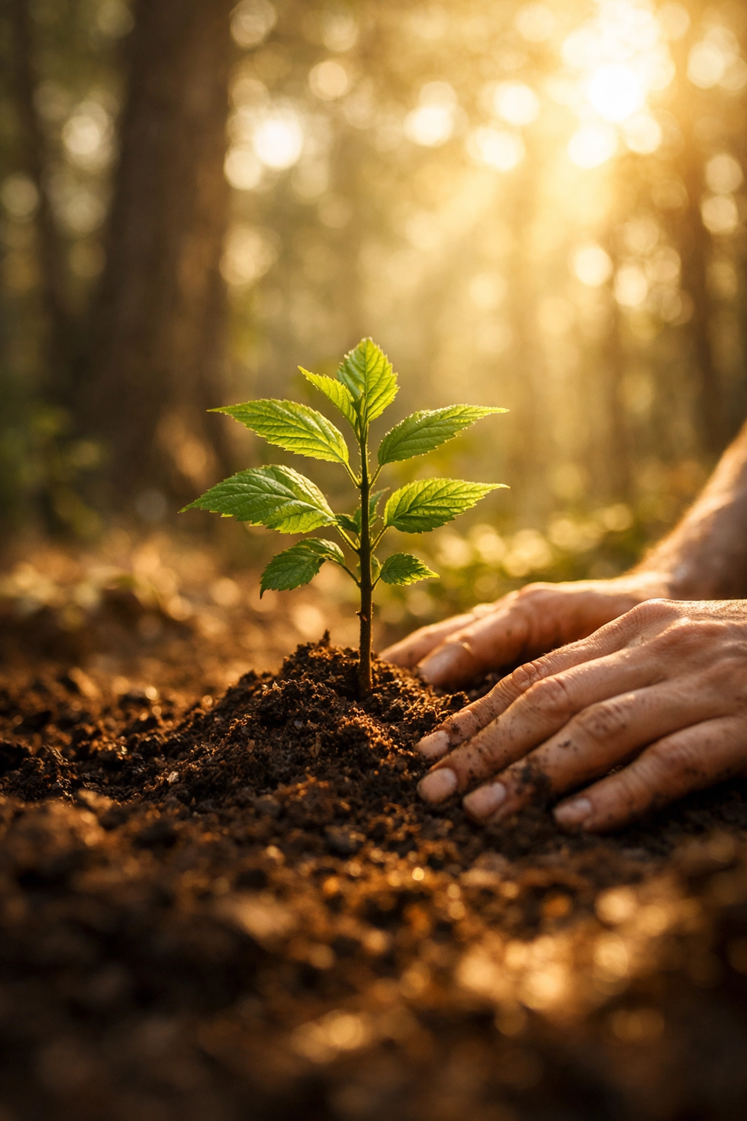 A young tree sapling being planted in a woodland clearing as a living memorial and celebration of life idea.