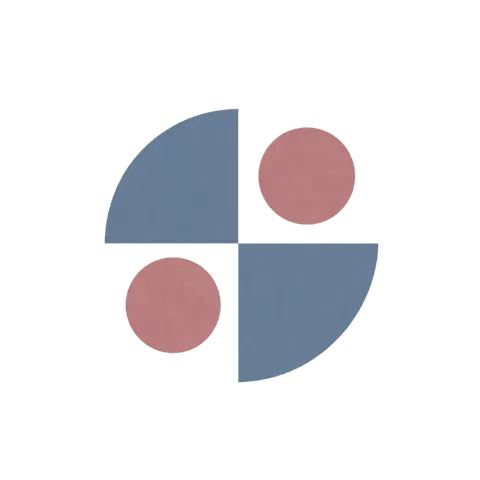 Minimalist geometric design with two blue quarter circle shapes forming a square, and two soft pink circles. Symbolizes balance and structure.