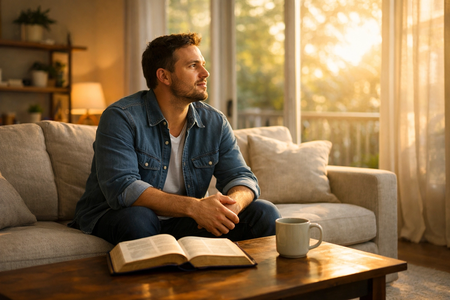 Man experiencing relief while reading the Bible at home with First Assembly Memphis.