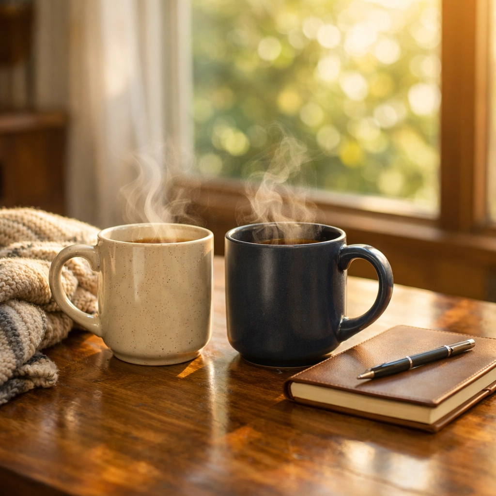 Warm coffee mugs and a journal representing supportive crisis counseling for NJ families.