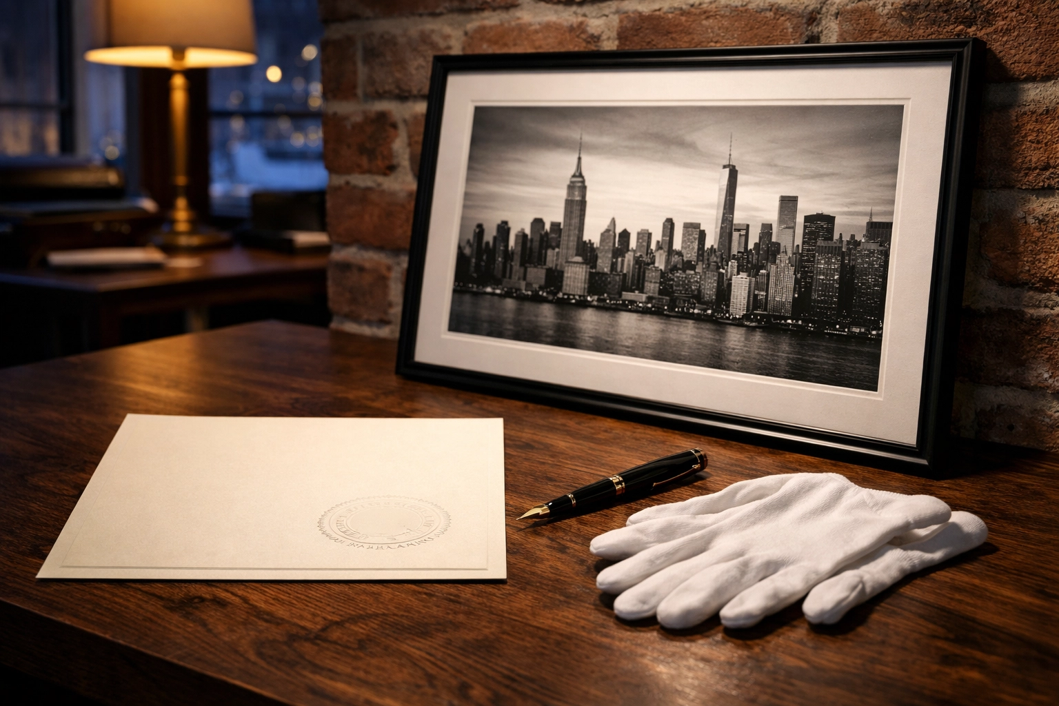 A certificate of authenticity for art prints displayed on a desk next to a framed photography piece.