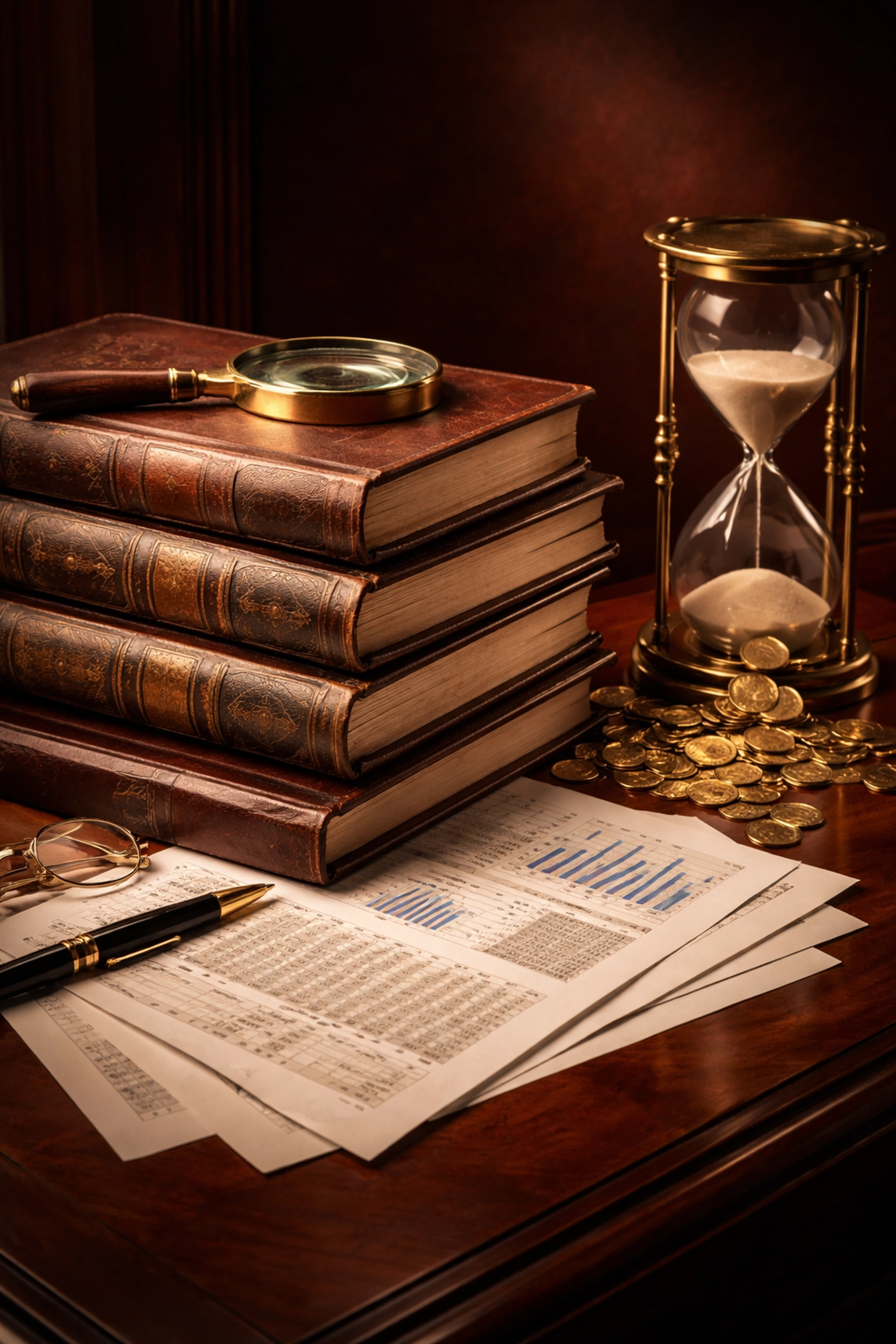 Vintage ledgers, coins, and documents on a desk, representing careful private equity manager selection and due diligence.