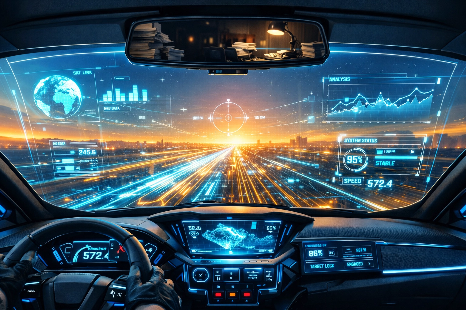 KI-Analysen im futuristischen Cockpit für präzise Business-Entscheidungen und Echtzeit-Datenvisualisierung.