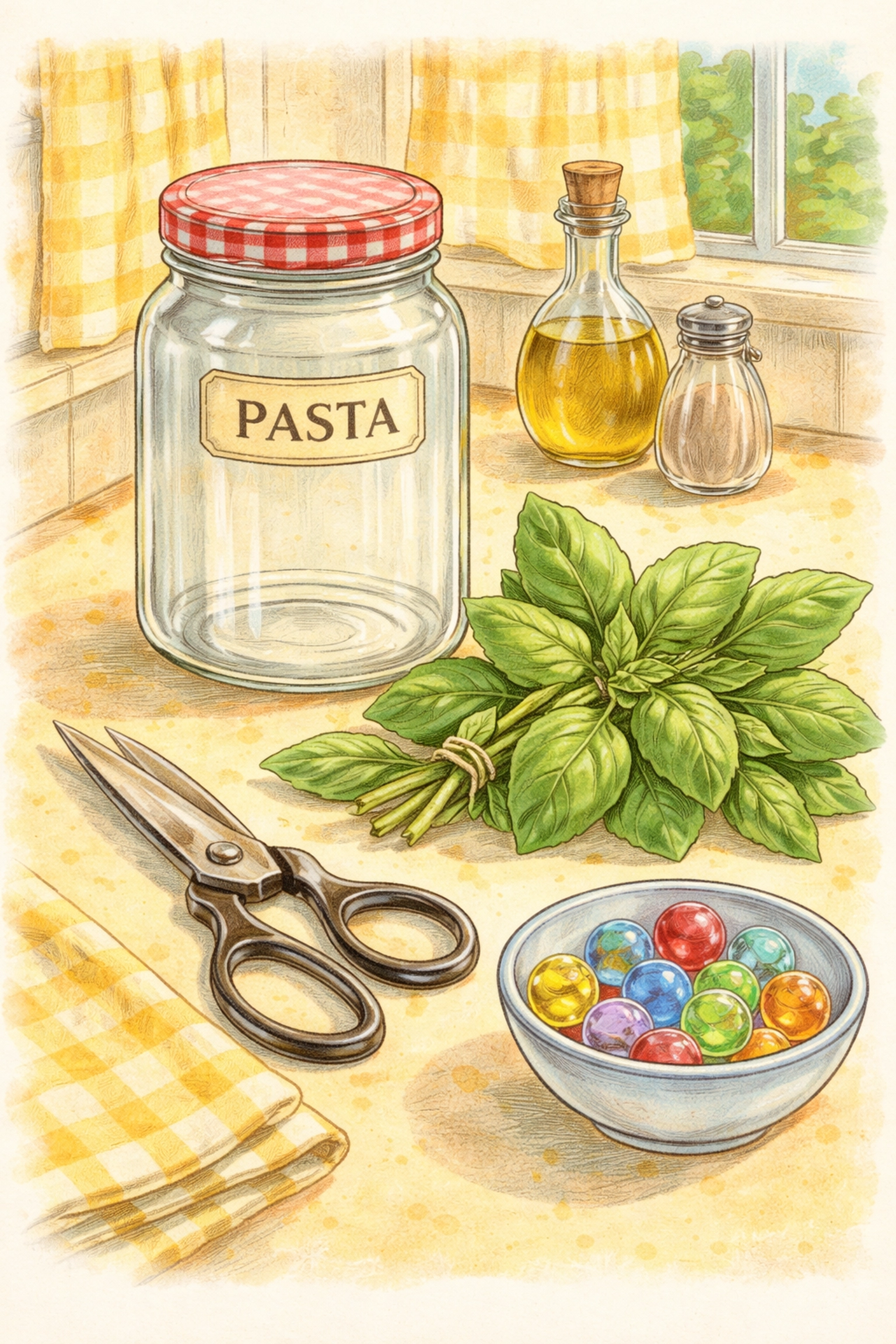 Materials for growing basil in a recycled pasta jar, including a cleaned glass jar, fresh basil, scissors, and marbles
