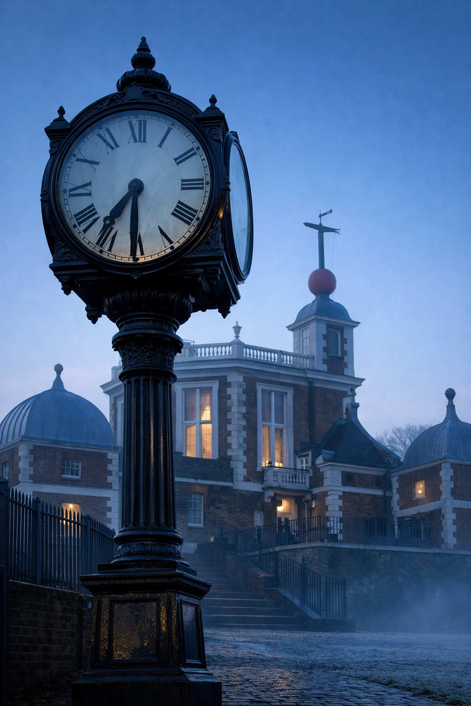 Vintage street clock at the Royal Observatory in Greenwich during London winter GMT.