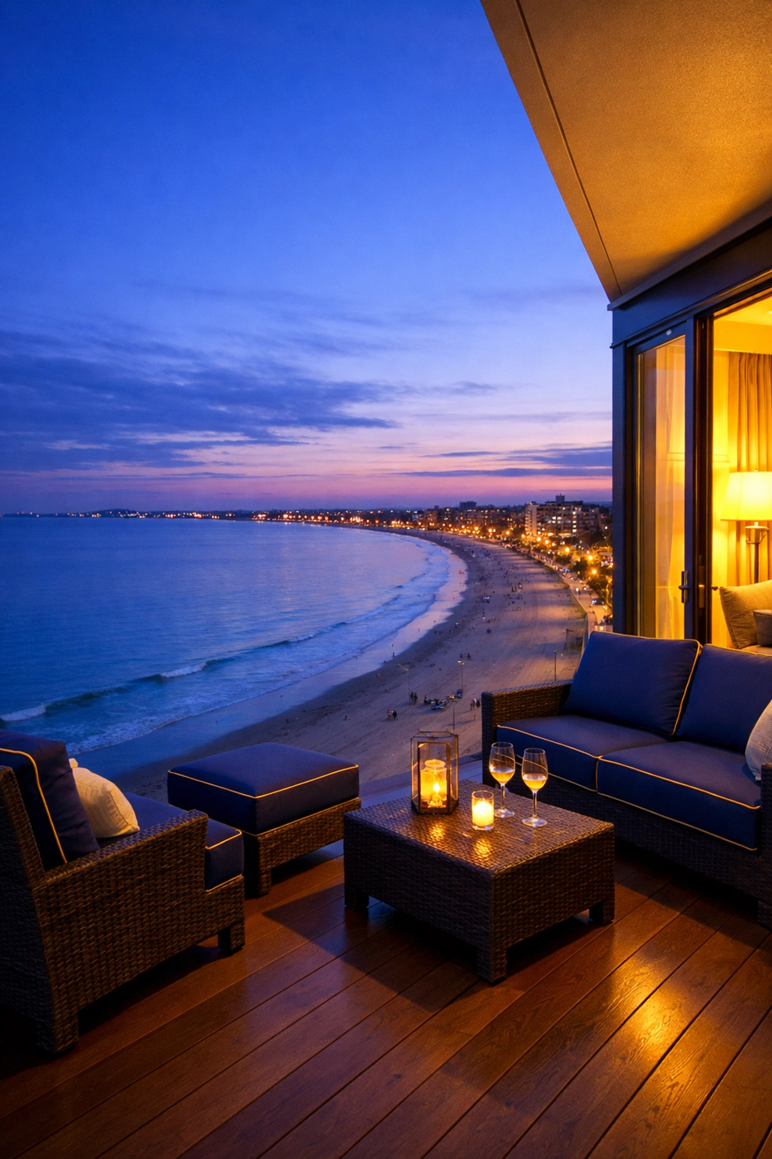 Streak-free glass railings and clean balcony furniture overlooking Revere Beach at dusk for a premium stay.