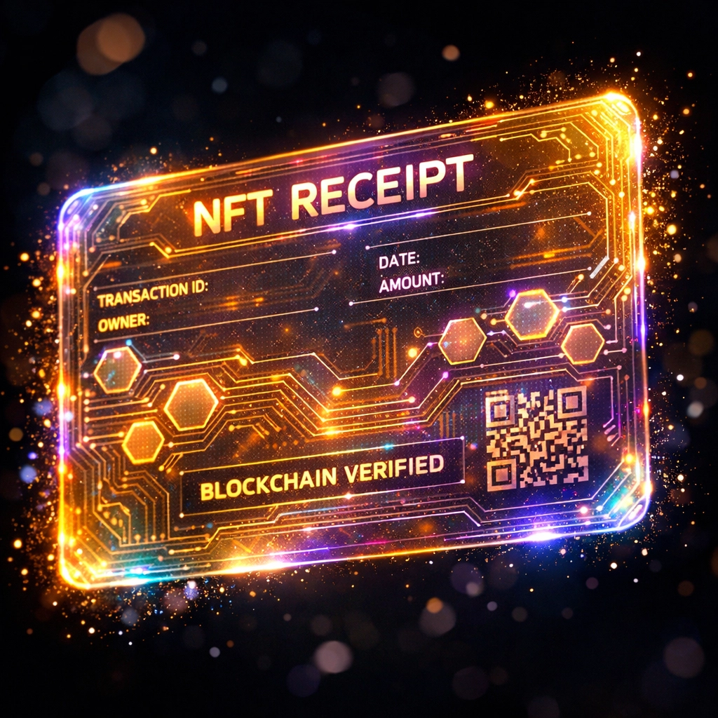 NFT receipt displaying blockchain transaction proof with embedded smart contract features