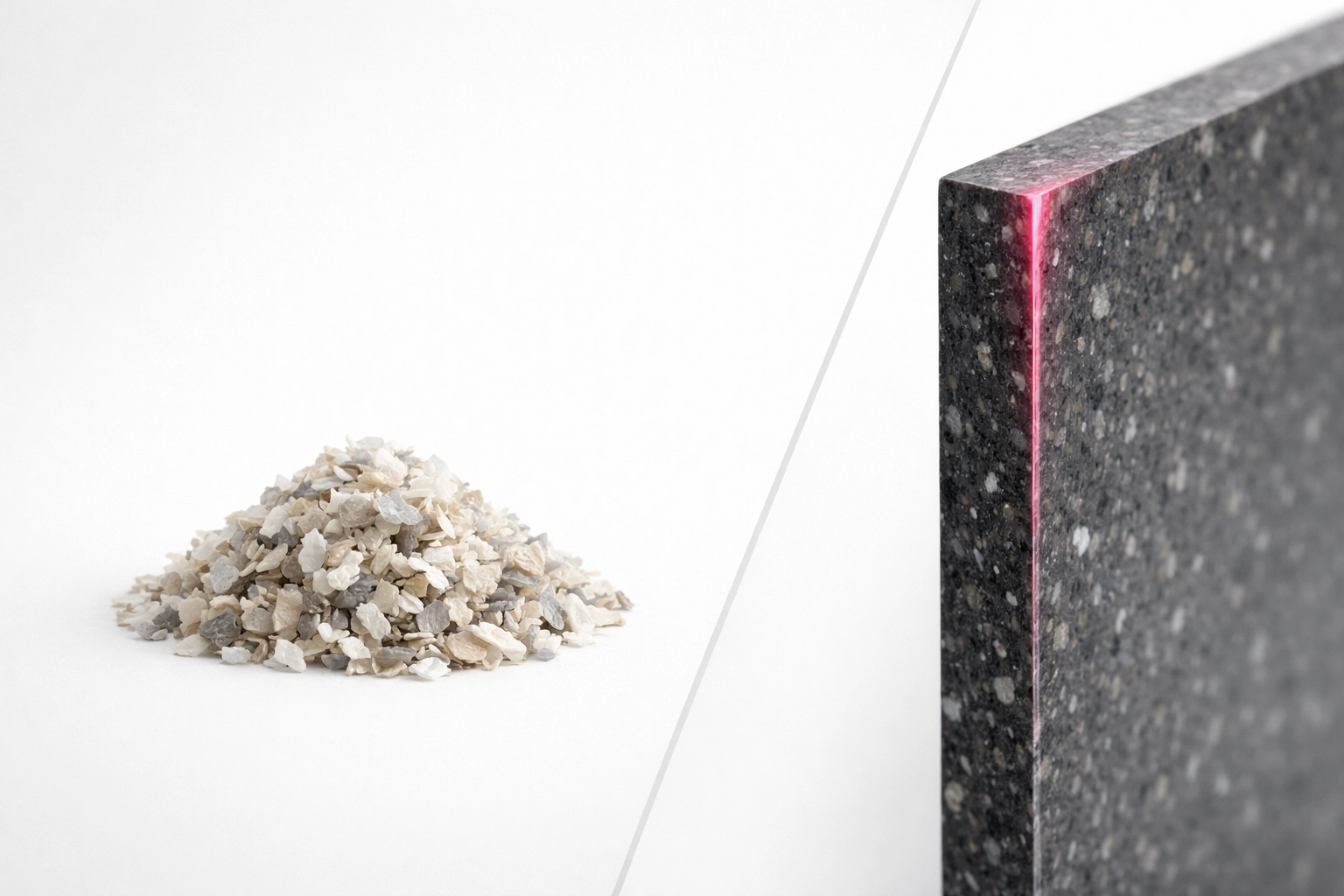Comparison of raw recycled plastic flakes and a finished sustainable construction panel for circular economy.