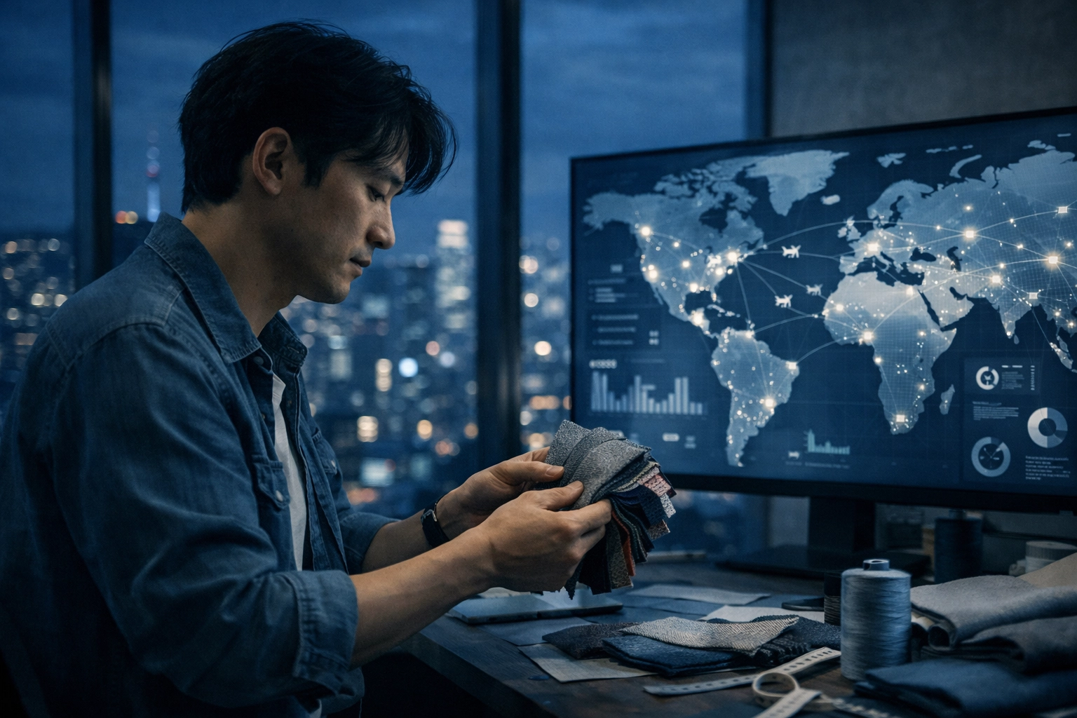 A designer in a Seoul studio reviewing textiles against a global logistics map of the Americas.