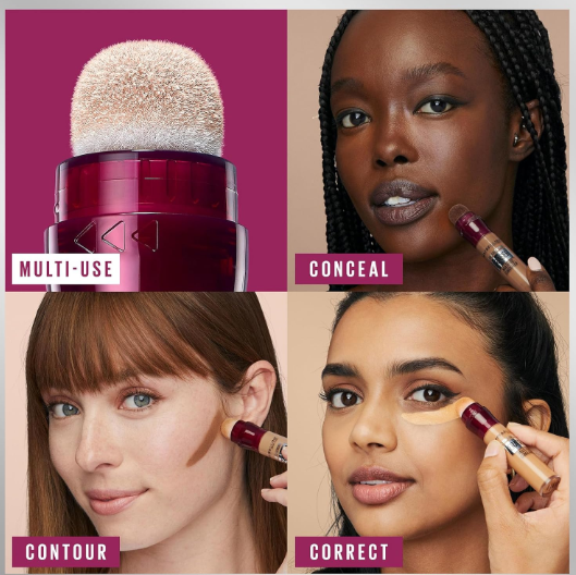 Collage of multi-use makeup applicators demonstrating contouring and highlighting