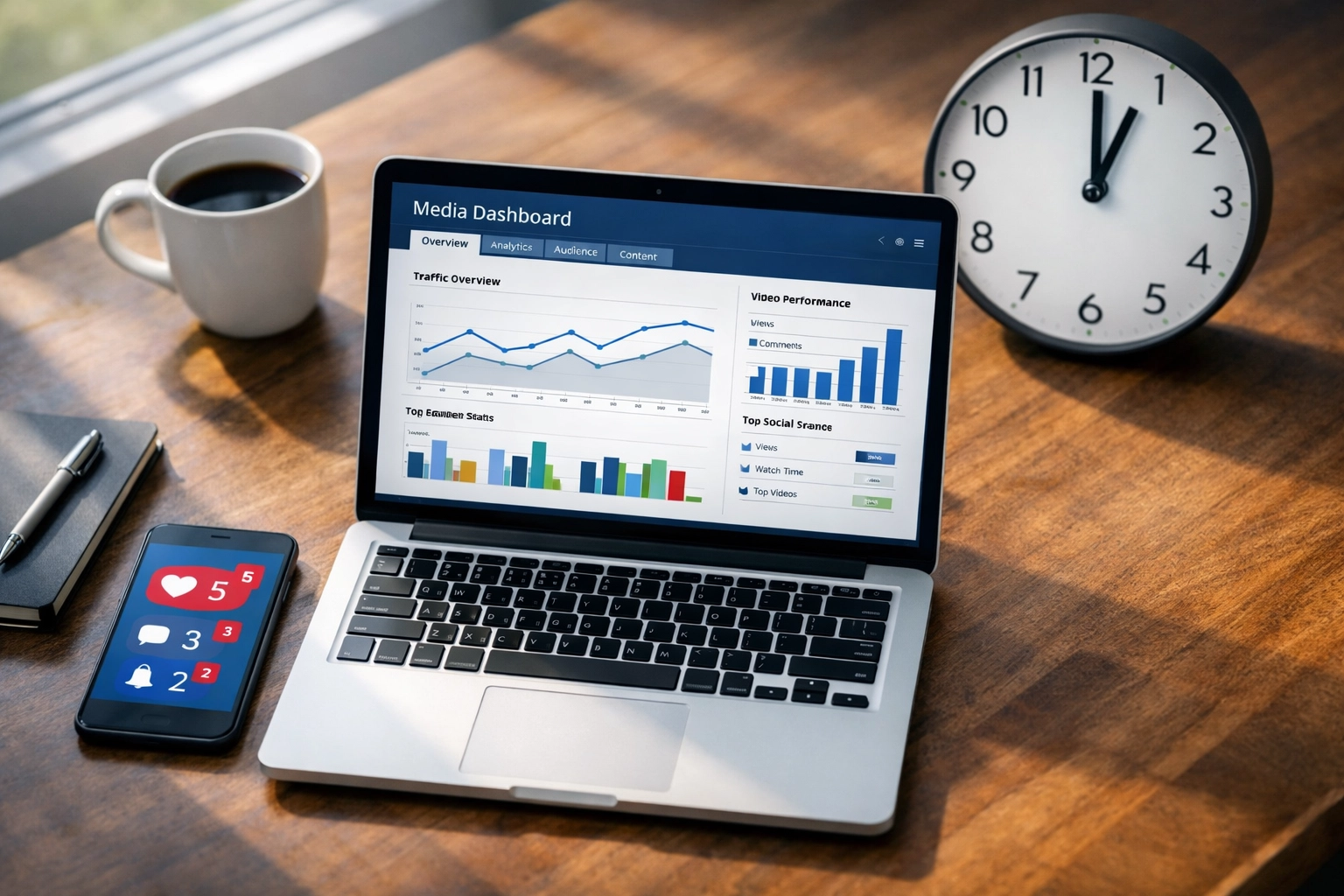 Automated press coverage workspace with media dashboard displaying partnership analytics at 1PM