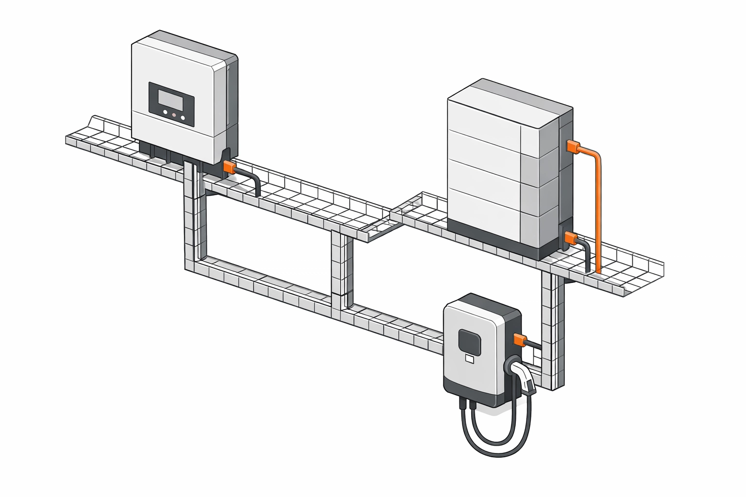 Vernetzte Systemkomponenten einer PV-Anlage mit Wechselrichter, Batteriespeicher und Wallbox-Anschluss.
