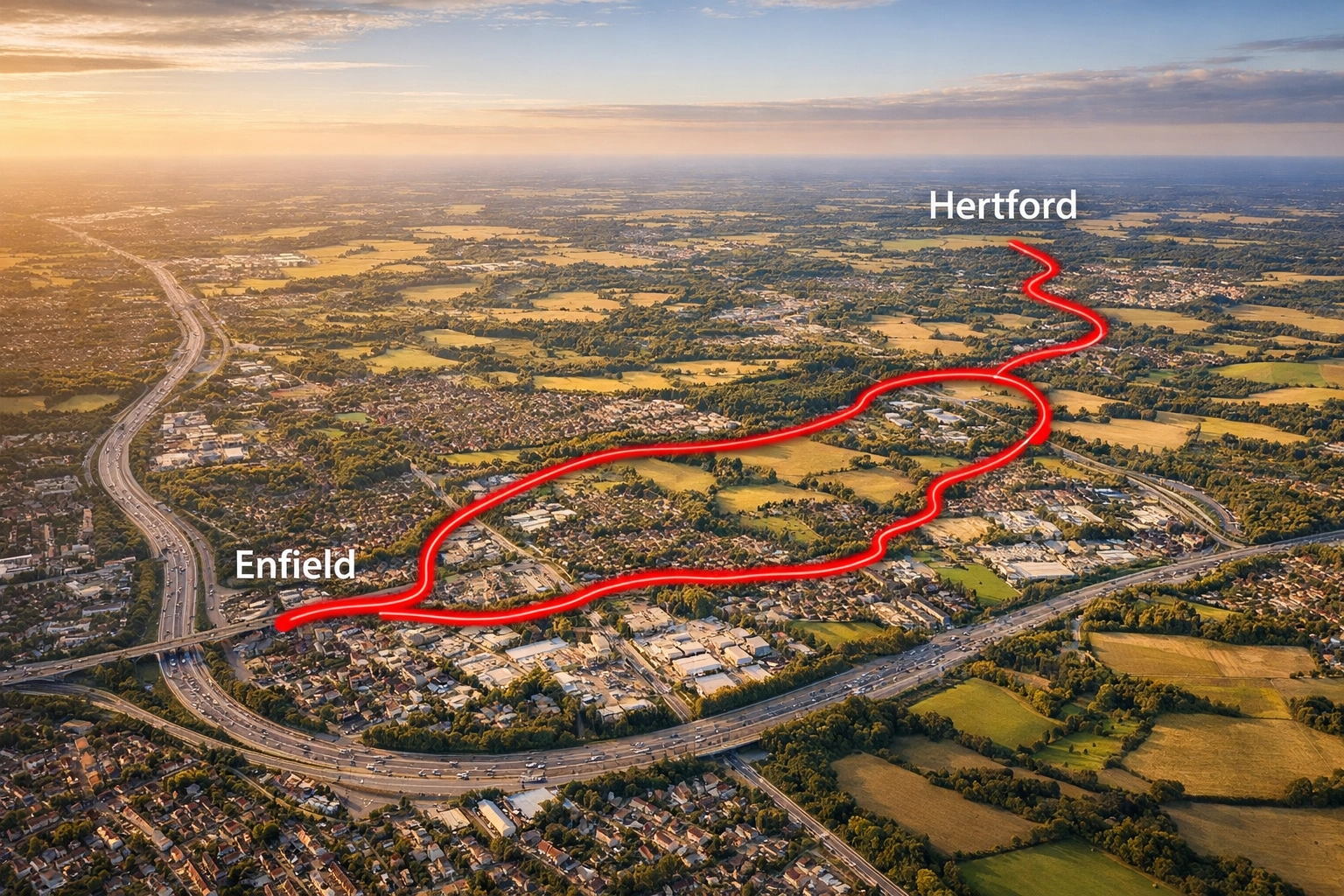 Aerial view of distribution routes connecting Enfield, Hertford and London areas