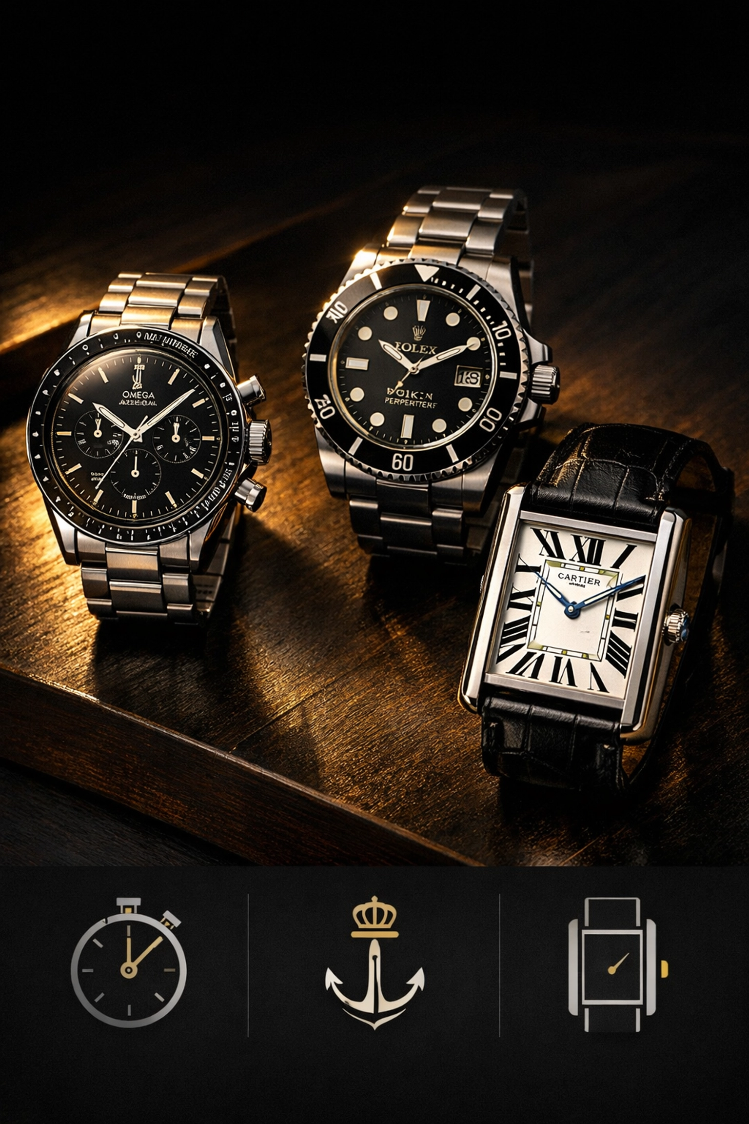 Vintage Rolex, Omega, and Cartier luxury watches for estate sale