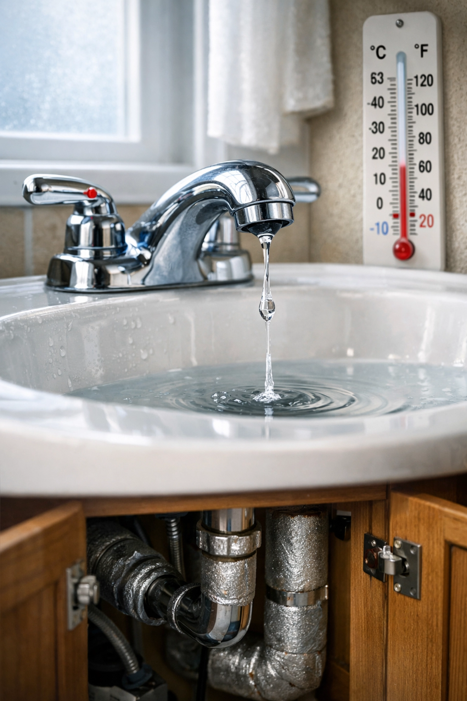 Dripping faucet and open cabinet doors protect pipes from freezing during NC coastal winter storm