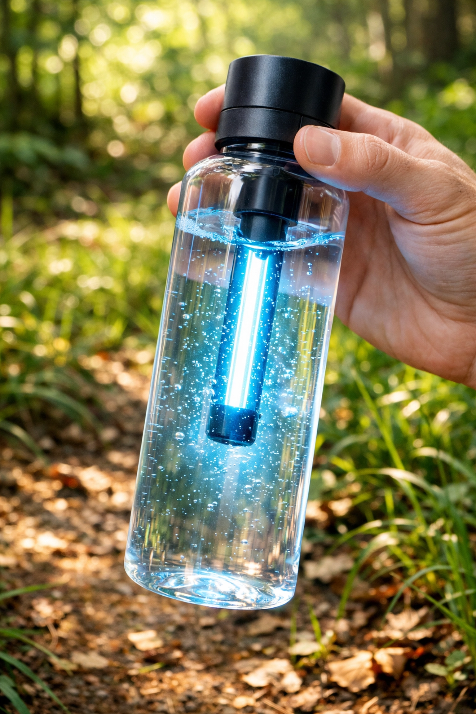 High-tech UV water purification device sterilizing water for a safe camping adventure UK.