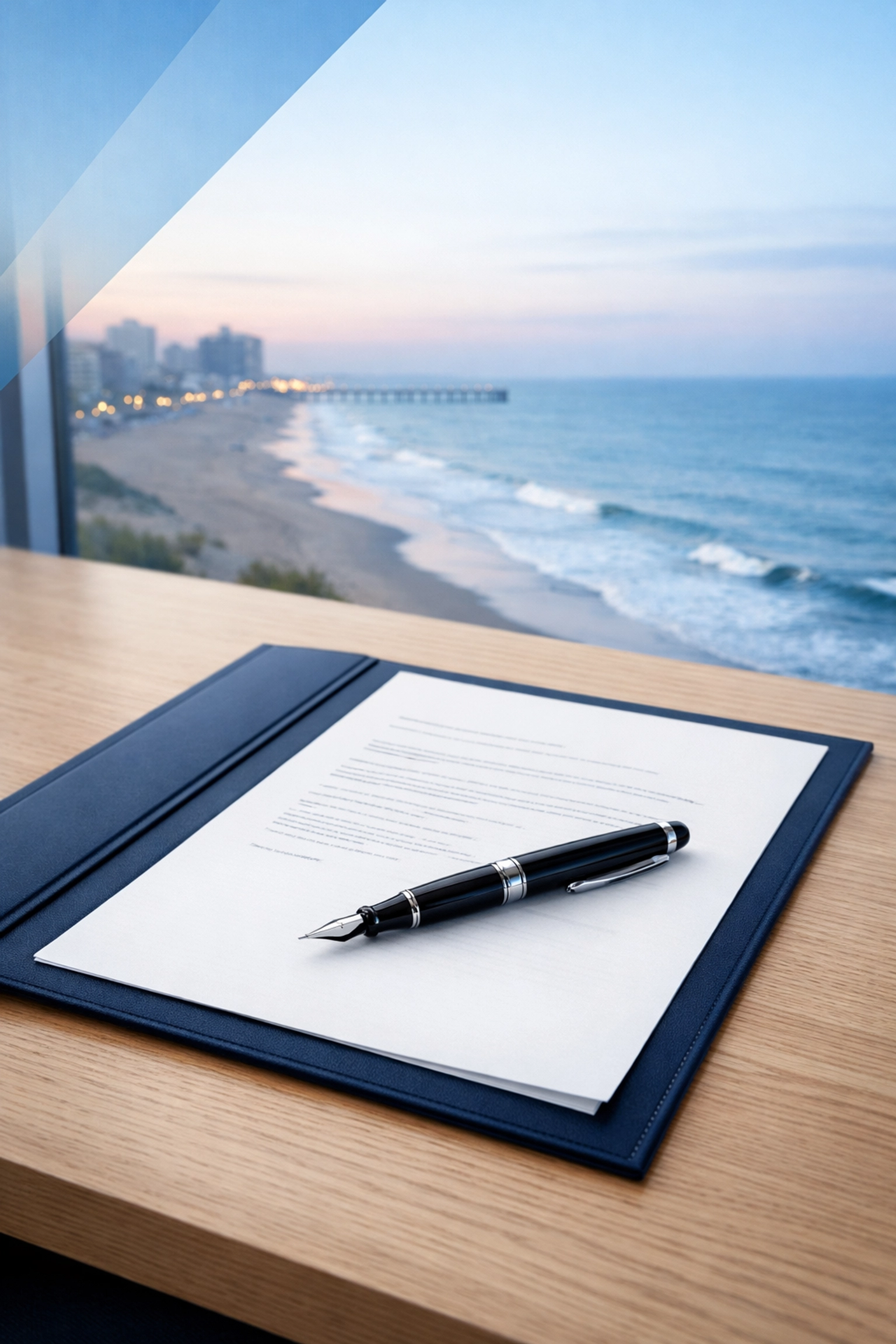 Legal divorce documents and folder in a Virginia Beach office overlooking the coast at dawn.
