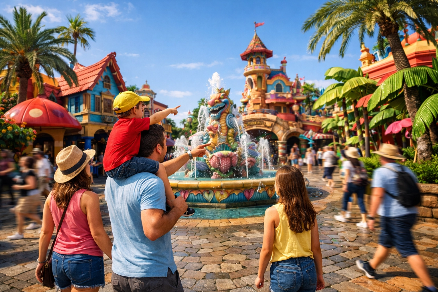 A family exploring a colorful immersive theme park, a top travel activity kids love.