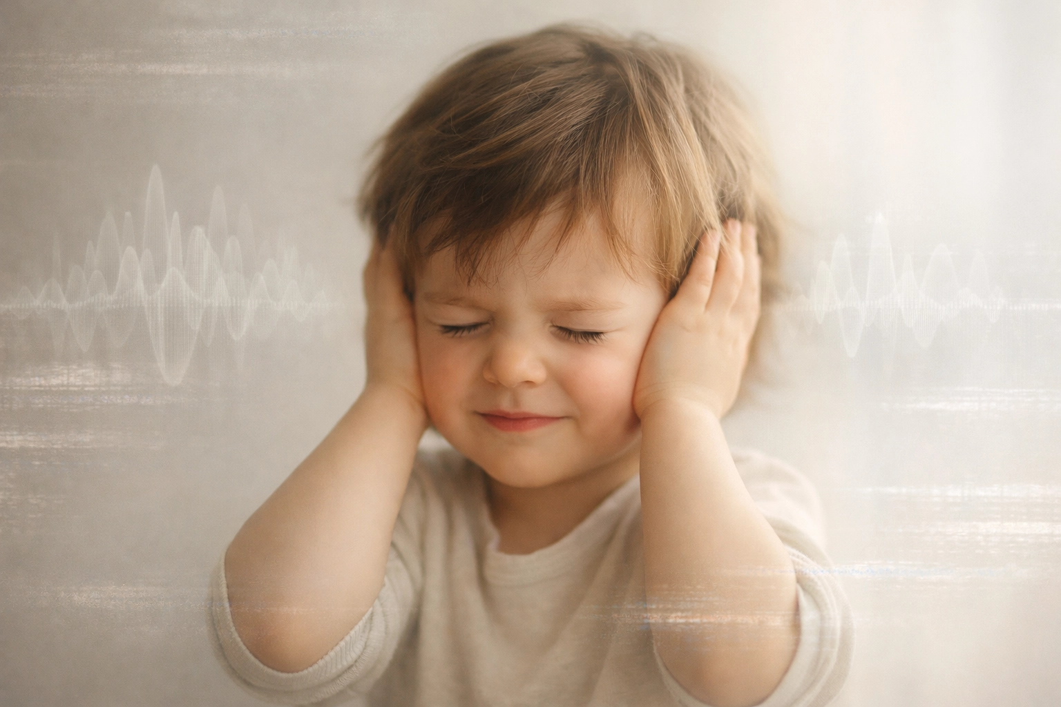Child experiencing sensory overload covering ears with visual representation of brain noise