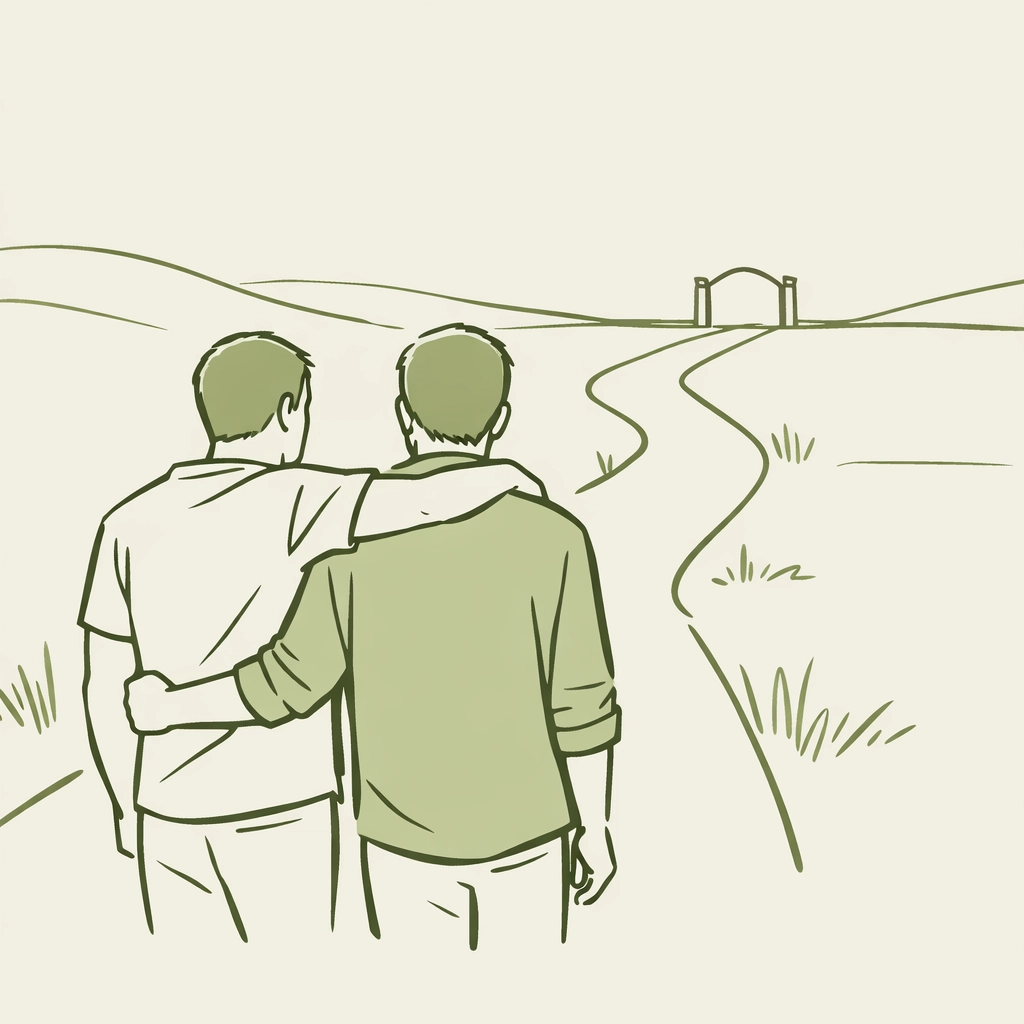 Two men walking together toward a new beginning, symbolizing resilience and connection in gay novels.